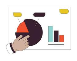 Business presentation pie chart pointing flat line concept vector spot illustration. Diagram analytics whiteboard 2D cartoon outline hand on white for web UI design. Editable isolated color hero image