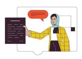 Jigsaw puzzle hijab office worker flat line concept vector spot illustration. Female muslim professional 2D cartoon outline character on white for web UI design. Editable isolated color hero image