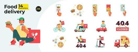 Food delivery flat concept vector spot illustrations bundle. Courier deliver food from restaurant 2D cartoon characters on white for web UI design. Isolated editable creative hero images collection