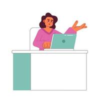 Busy hispanic woman working on laptop 2D vector isolated spot illustration. Attractive office flat character on white background. Hardworking colorful editable scene