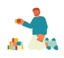 Happy bearded father playing with constructor cubes semi flat color vector character. Dad stacking blocks. Editable full body person on white. Simple cartoon spot illustration for web graphic design