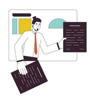 Business manager handing over papers flat line concept vector spot illustration. Team leader 2D cartoon outline character on white for web UI design. Presentation editable isolated color hero image