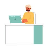 Indian man in turban typing on laptop 2D vector isolated spot illustration. Busy man typing on laptop flat character on white background. Office work colorful editable scene