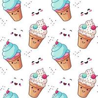 Cute vector pattern with ice cream and smiling faces on white background