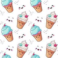 Cute vector pattern with ice cream and smiling faces on white background