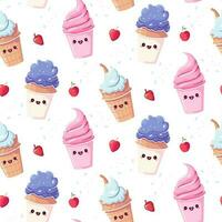 Cute vector pattern with pink and purple ice cream and strawberries on white background