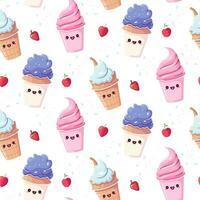 Cute vector pattern with pink and purple ice cream and strawberries on white background