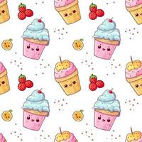 Cute vector pattern with pink and blue ice cream and berries on white background