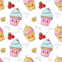 Cute vector pattern with pink and blue ice cream and berries on white background