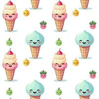 Cute vector pattern with smiling ice cream characters and berries on white background