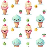 Cute vector pattern with smiling ice cream characters and berries on white background