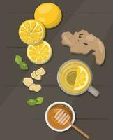 tea with lemon, honey, ginger, mint, autumn mood, illustration, vector graphics