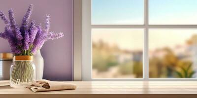 Wood window and lavender plant flower on table with sun light copy space blurred background, AI Generated photo