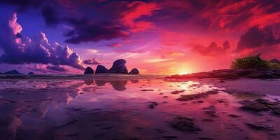 Violeta puesta de sol en playa arena fiesta antecedentes. ai generado foto