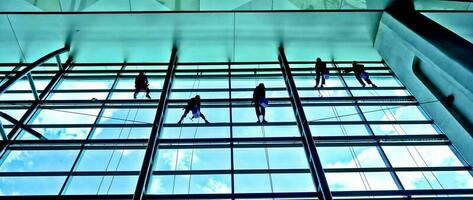 extremo trabajo limpieza el ventanas de edificios a altura foto