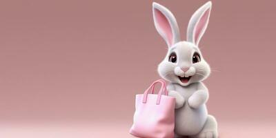 pequeño Conejo con compras bolso dibujos animados animación, ai generado foto