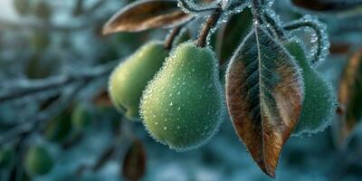 hielo tormenta arboles y Pera Fruta congelar en invierno, ai generado foto