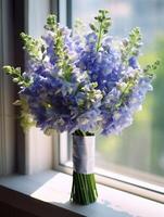 Blue delphinium flower copy space background. AI Generated photo