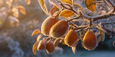 Ice storm trees and pear fruit freeze in winter, AI Generated photo