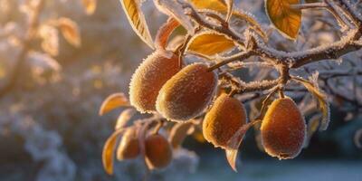 hielo tormenta arboles y Pera Fruta congelar en invierno, ai generado foto