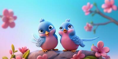 Couple blue bird on tree tunk animal cartoon animation, AI Generated photo