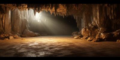 Waterfall and chamber cave copy space blurred background, AI Generated photo