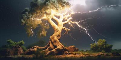 lightning in tree, stormy weather and natural disaster, AI Generated photo