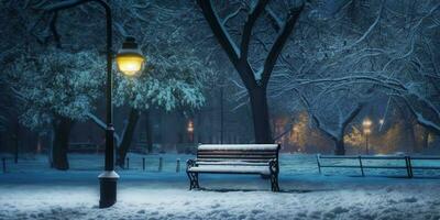 Wooden chair in the winter garden blurred background, AI Generated photo