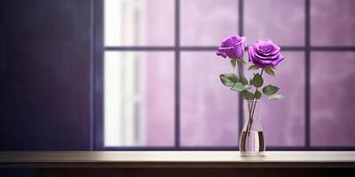 White rose flower and window with sun light copy space blurred background, AI Generated photo