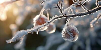 Ice storm trees and apple fruit freeze in winter, AI Generated photo