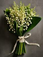 Lily of the valley wedding bouquet flower on blurred window background. AI Generated photo