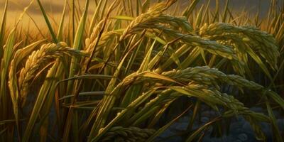 Field rice withpaddy plant, clean sky wallpaper background. AI Generated photo