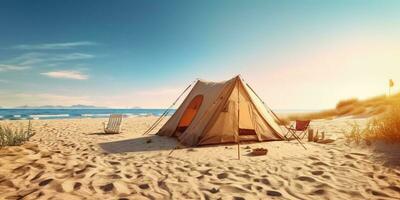 Camp tent on beach sand holiday background. AI Generated photo