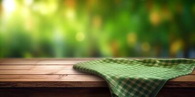 Wooden floor and blurred grass background copy space. , photo