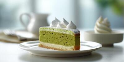 Matcha cak on white table for coffee break snack, AI Generateand photo