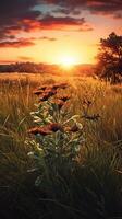 Sunset on meadow golden hours background. photo
