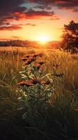 Sunset on meadow golden hours background. AI Generated photo