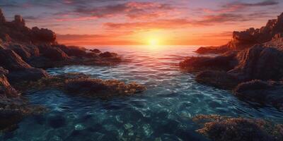 Sunset on rock reef copy space blurred background, photo