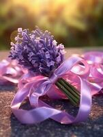 Lavender flower wedding bouquet blurred window background. AI Generated photo