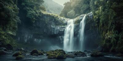 Waterfall and stone copy space blurred background, AI Generated photo