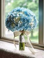 hortensia Boda ramo de flores flor en borroso ventana antecedentes. ai generado foto