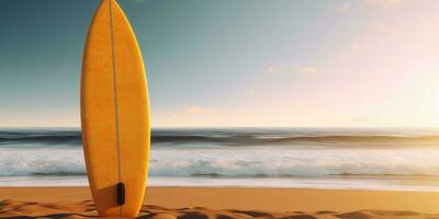 tabla de surf agua deporte en playa Copiar espacio antecedentes. ai generado foto