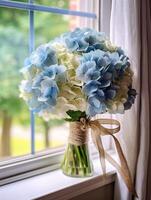 Hydrangea wedding bouquet flower on blurred window background. AI Generated photo