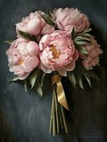 Pink peony wedding bouquet flower on blurred window background. AI Generated photo