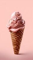 Ice cream cone waffle with chocolate topping background. photo