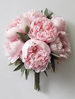 Pink peony wedding bouquet flower on blurred window background. AI Generated photo