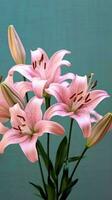 Pink lily flower copy space blurred background. AI Generated photo