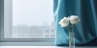 White rose flower and window with sun light copy space blurred background, AI Generated photo