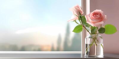 Wood window and rose plant flower on table with sun light copy space blurred background, AI Generated photo