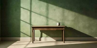 de madera mesa y Dom ligero sombra Copiar espacio borroso fondo, ai generar y foto